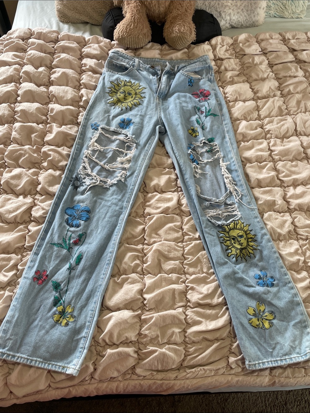 SHEIN Light Blue Distressed Jeans with Sun & Floral Embroidery